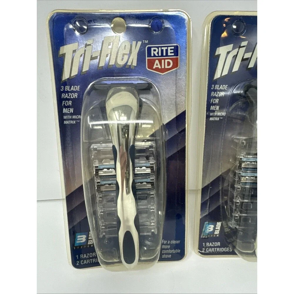 LOT 2 Tri-Flex Rite Aid 3 Blade Razor for Men 1 Razor 2 Cartridges NEW NOS